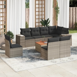 Set de muebles de jardín 9 pzas y cojines ratán sintético gris