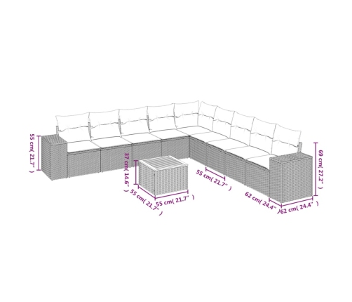 Set de sofás de jardín 10 pzas con cojines ratán sintético gris