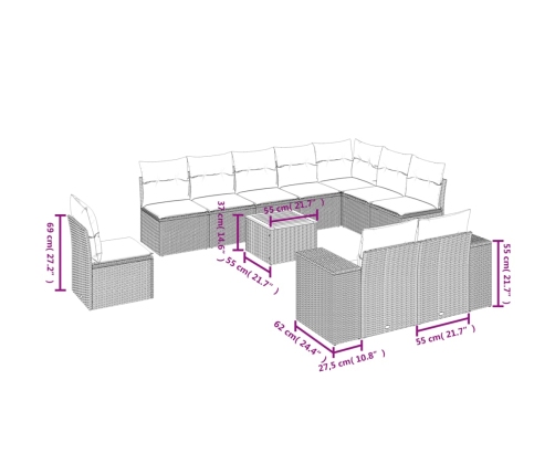 Set de sofás de jardín 11pzas con cojines ratán sintético beige