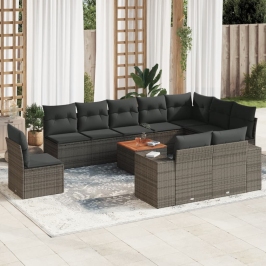 Set de sofás de jardín 11 pzas y cojines ratán sintético gris