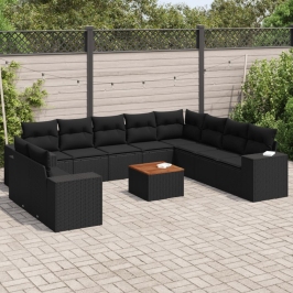 Set de sofás de jardín 11 pzas y cojines ratán sintético negro