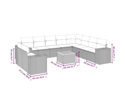 Set de sofás de jardín 11pzas con cojines ratán sintético beige