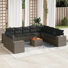 Set de sofás de jardín 11 pzas y cojines ratán sintético gris