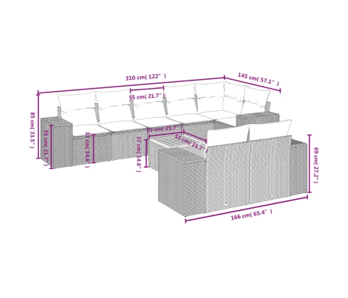 Set de muebles de jardín 9 pzas y cojines ratán sintético gris