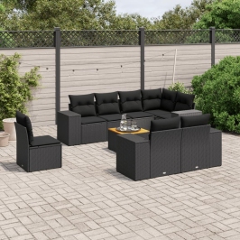 Set de sofás de jardín 8 piezas y cojines ratán sintético negro