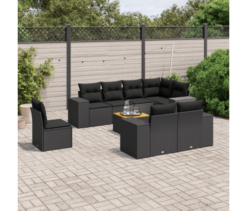 Set de sofás de jardín 8 piezas y cojines ratán sintético negro