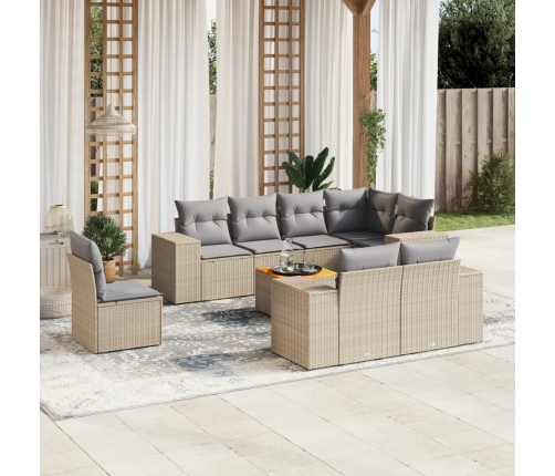 Set de sofás de jardín 9 pzas con cojines ratán sintético beige