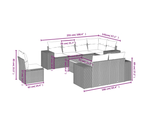 Set de muebles de jardín 9 pzas y cojines ratán sintético gris