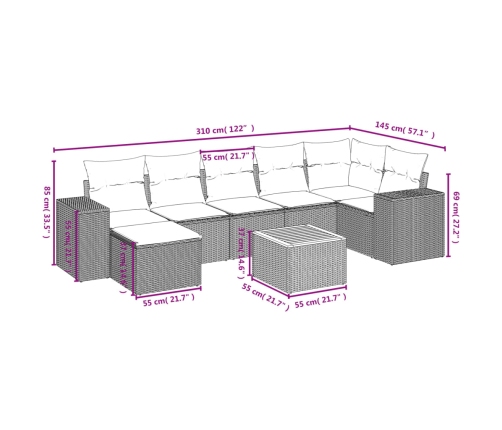 Set de sofás de jardín 8 pzas y cojines ratán sintético gris
