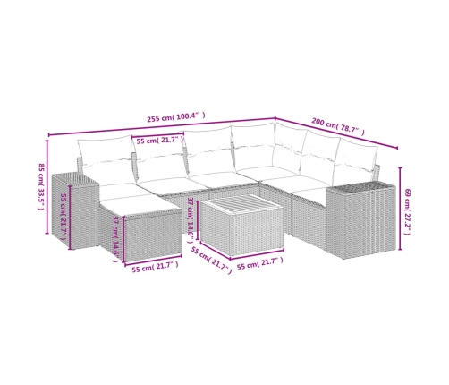 Set de sofás de jardín 8 pzas y cojines ratán sintético gris