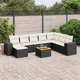 Set de sofás de jardín 8 piezas y cojines ratán sintético negro