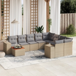 Juego de sofás jardín con cojines beige 10 pzas ratán sintético