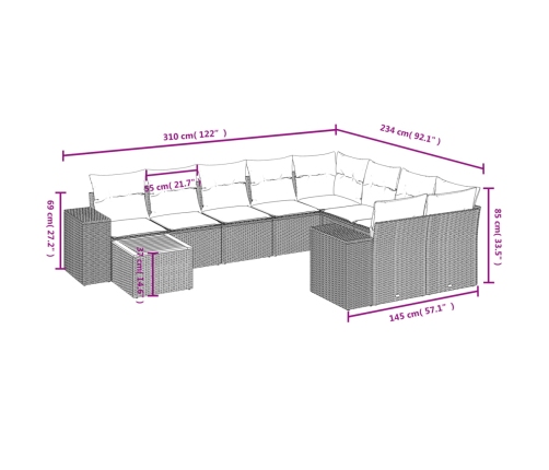 Set de sofás de jardín 10 pzas con cojines ratán sintético gris