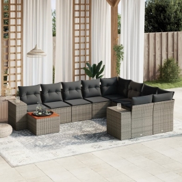 Set de sofás de jardín 10 pzas con cojines ratán sintético gris