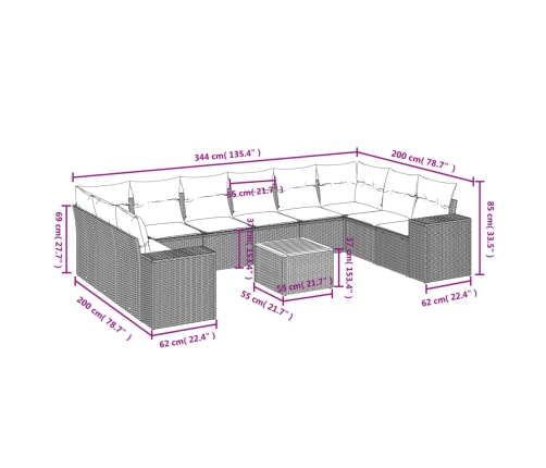 Set de sofás de jardín 11pzas con cojines ratán sintético beige