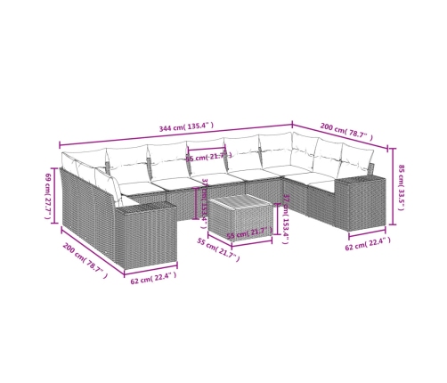 Set de sofás de jardín 11 pzas y cojines ratán sintético gris