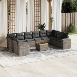 Set de sofás de jardín 11 pzas y cojines ratán sintético gris