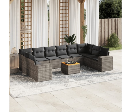 Set de sofás de jardín 11 pzas y cojines ratán sintético gris