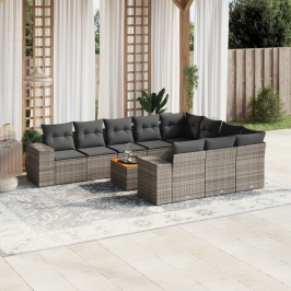 Set de sofás de jardín 11 pzas y cojines ratán sintético gris