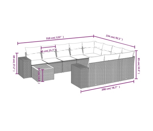 Set de sofás de jardín 11 pzas y cojines ratán sintético gris