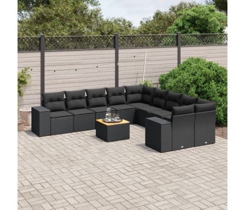 Set de sofás de jardín 11 pzas y cojines ratán sintético negro