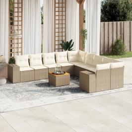 Set de sofás de jardín 11pzas con cojines ratán sintético beige