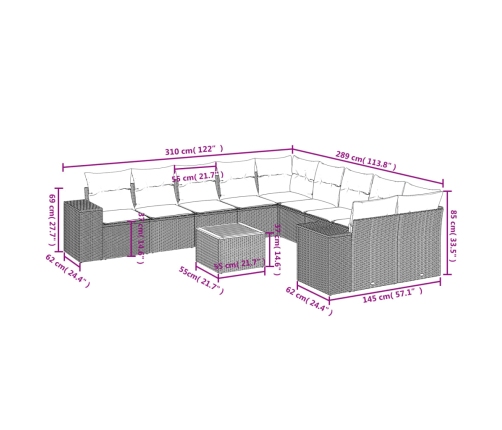 Set de sofás de jardín 11 pzas y cojines ratán sintético gris