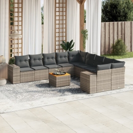 Set de sofás de jardín 11 pzas y cojines ratán sintético gris