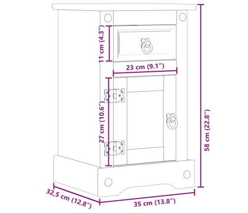 Mesita de noche Corona madera maciza de pino 35x32,5x58 cm