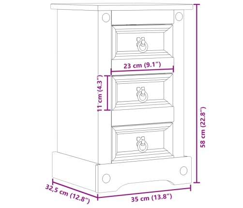 Mesita de noche Corona madera maciza de pino 35x32,5x58 cm