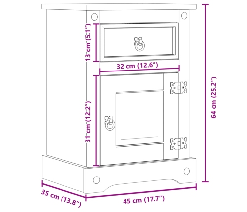 Mesita de noche Corona madera maciza de pino 45x35x64 cm