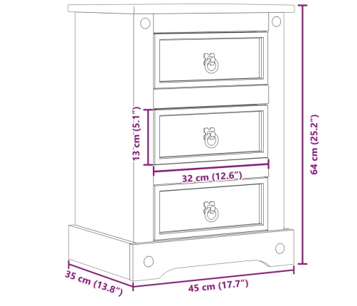 Mesita de noche Corona madera maciza de pino 45x35x64 cm