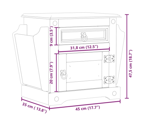 Mesita de noche Corona madera maciza de pino 45x35x47,5 cm