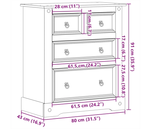 Cómoda cajonera Corona madera maciza de pino 80x43x91 cm