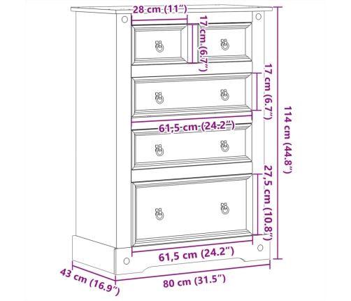 Cómoda cajonera Corona madera maciza de pino 80x43x114 cm