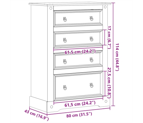 Cómoda cajonera Corona madera maciza de pino 80x43x114 cm