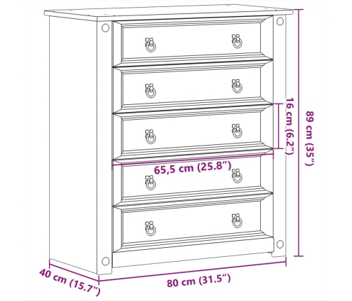 Cómoda cajonera Corona madera maciza de pino 80x40x89 cm