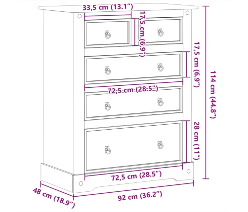 Cómoda cajonera Corona madera maciza de pino 92x48x114 cm