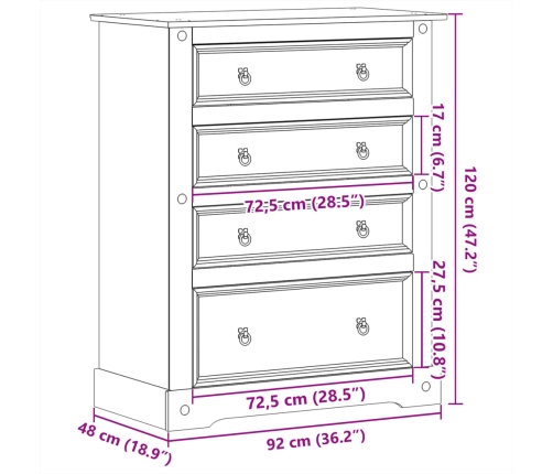 Cómoda cajonera Corona madera maciza de pino 92x48x120 cm