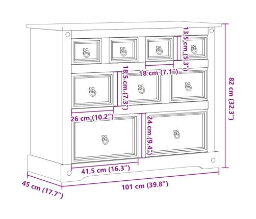 Cómoda cajonera Corona madera maciza de pino 101x45x82 cm