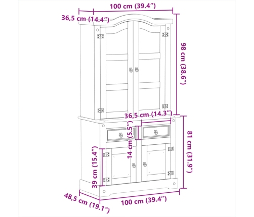 Armario con vitrina Corona madera maciza pino 100x48,5x179 cm