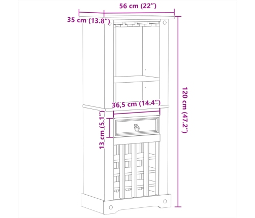 Mueble botellero Corona madera maciza de pino 56x35x134,5 cm