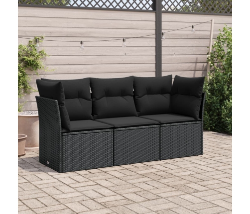 Set de sofás de jardín con cojines 3 pzas ratán sintético negro