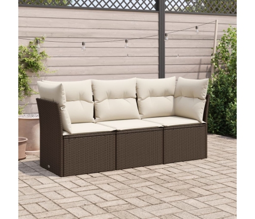 Set sofás de jardín 3 piezas y cojines ratán sintético marrón