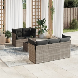Set de sofás de jardín 6 pzas y cojines ratán sintético gris