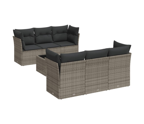 Set de sofás de jardín 7 piezas con cojines ratán PE gris