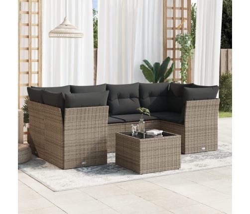Set de sofás de jardín 7 piezas con cojines ratán PE gris