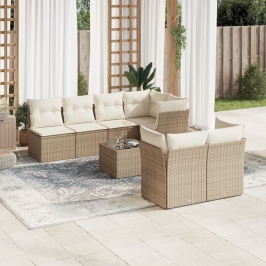 Juego de sofás de jardín con cojines beige 8 pzas ratán PE
