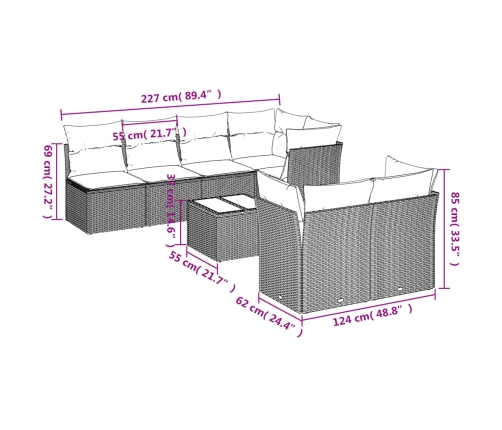 Set de sofás de jardín 8 pzas y cojines ratán sintético gris