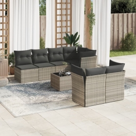 Set de sofás de jardín 8 pzas y cojines ratán sintético gris